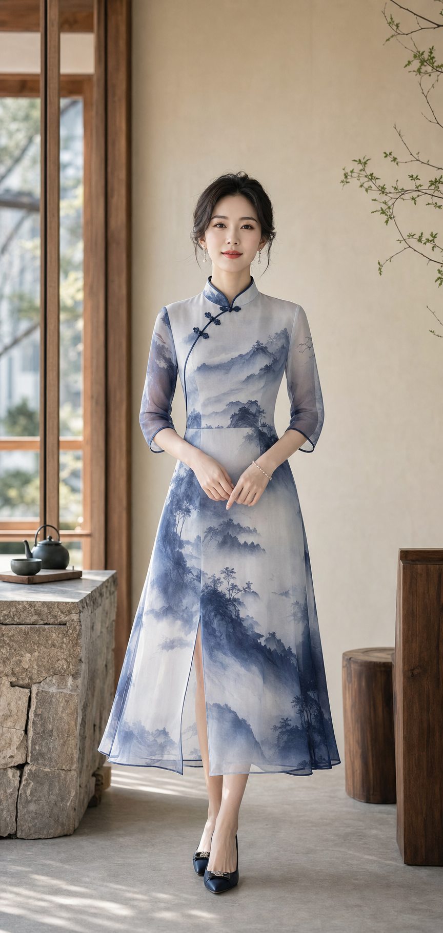 黛蓝水墨山水立领盘扣开衩连衣裙 — AI 生成姊妹款